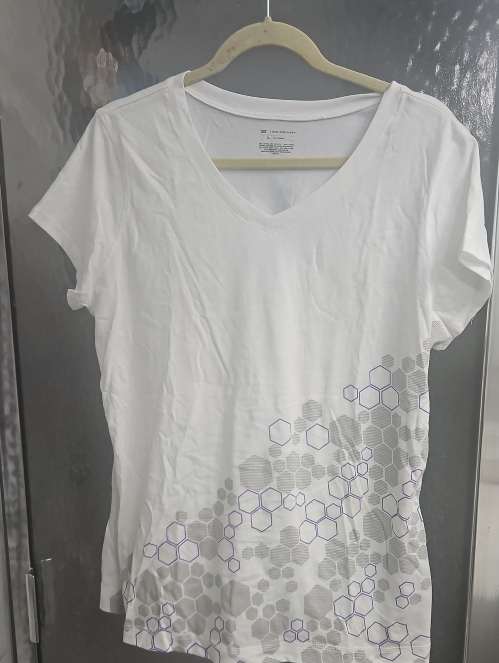 tek gear White V-Neck Tee with Gray and Purple Hex Print